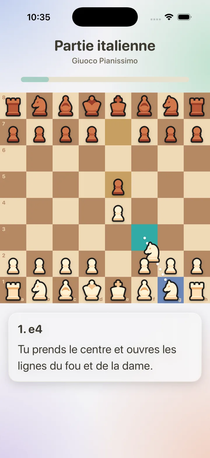 La app Prologue Chess mostrando la Apertura italiana, jugada 1.e4